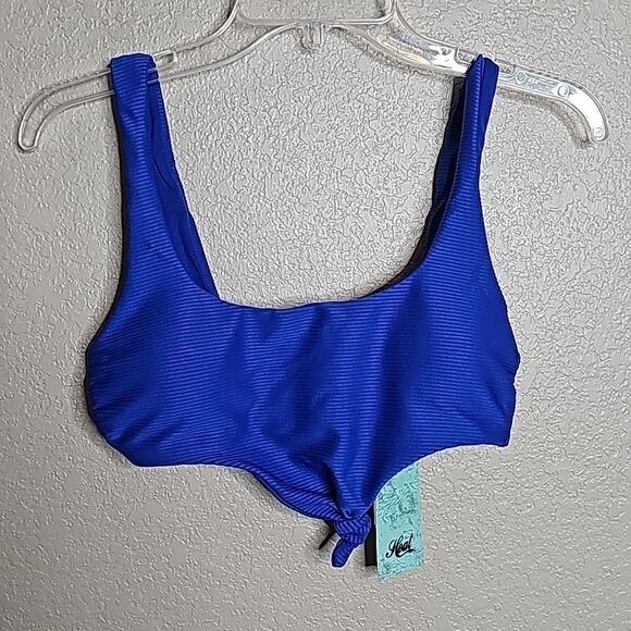 NWT Heat Medium Blue Ribbed knotted Tie Front scoop bikini top - Picture 1 of 4